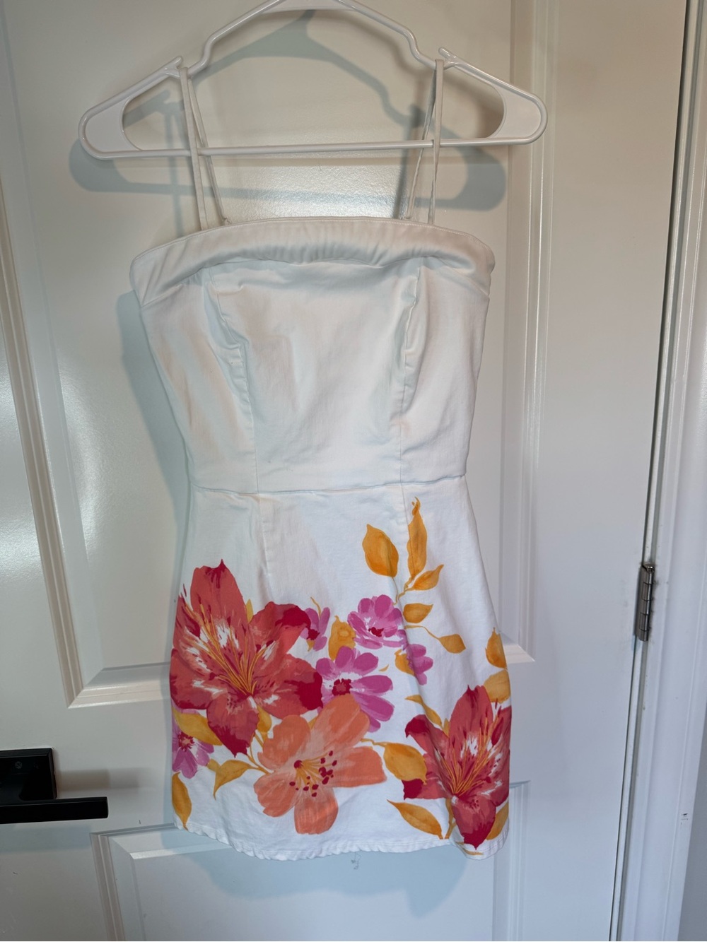White Floral Strapless Mini Dress with Pink & Orange Blooms